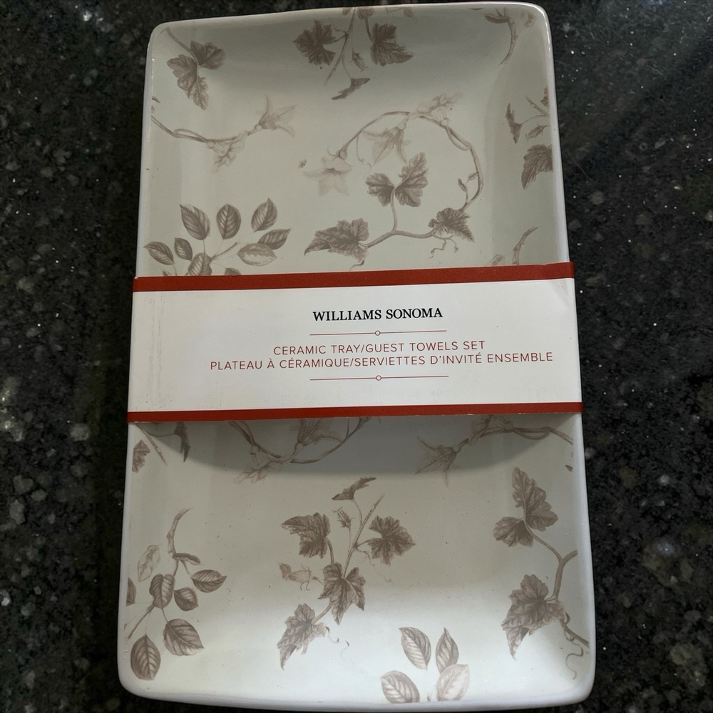 Williams Sonoma Ceramic Guest Towel Tray Set Floral Vanity Bathroom Decor NWT